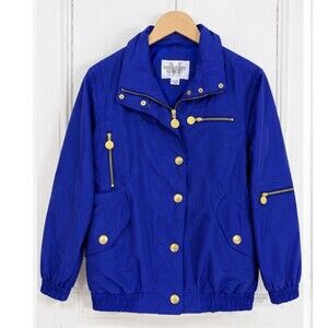 Mulberry Street VTG 90s Womens M Blue Gold Zip Bomber Windbreaker Jacket Coat